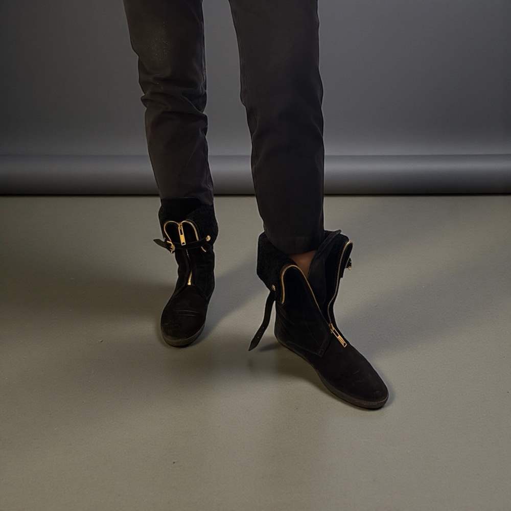 Burberry Black Suede Boots with Gold Accents